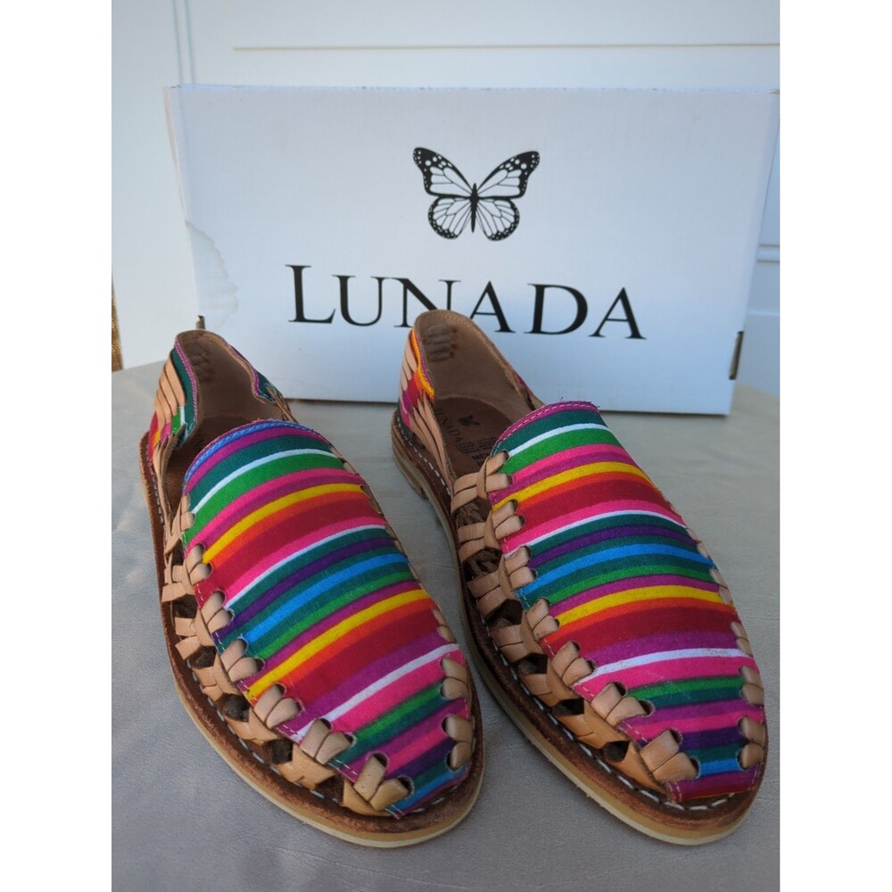 Mexican Leather Huarache Sandal Sizes 8 & 9.Multicolor Slip On Flats Boho Ethnic